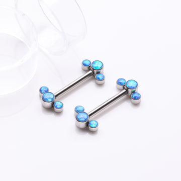 Detail View 1 of A Pair of Implant Grade Titanium Fire Opal Trio Internally Threaded Nipple Barbell-Blue Opal